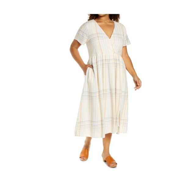 WOMEN'S CLARA PLAID LINEN BLEND MIDI DRESS IN MULTI STRIPE EMBROIDERY XS - Picture 1 of 5